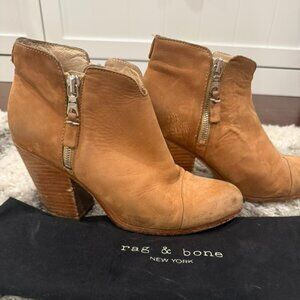 Rag & Bone Leather Ankle Boots Size 38.5 Tan Distressed Western Zip Booties